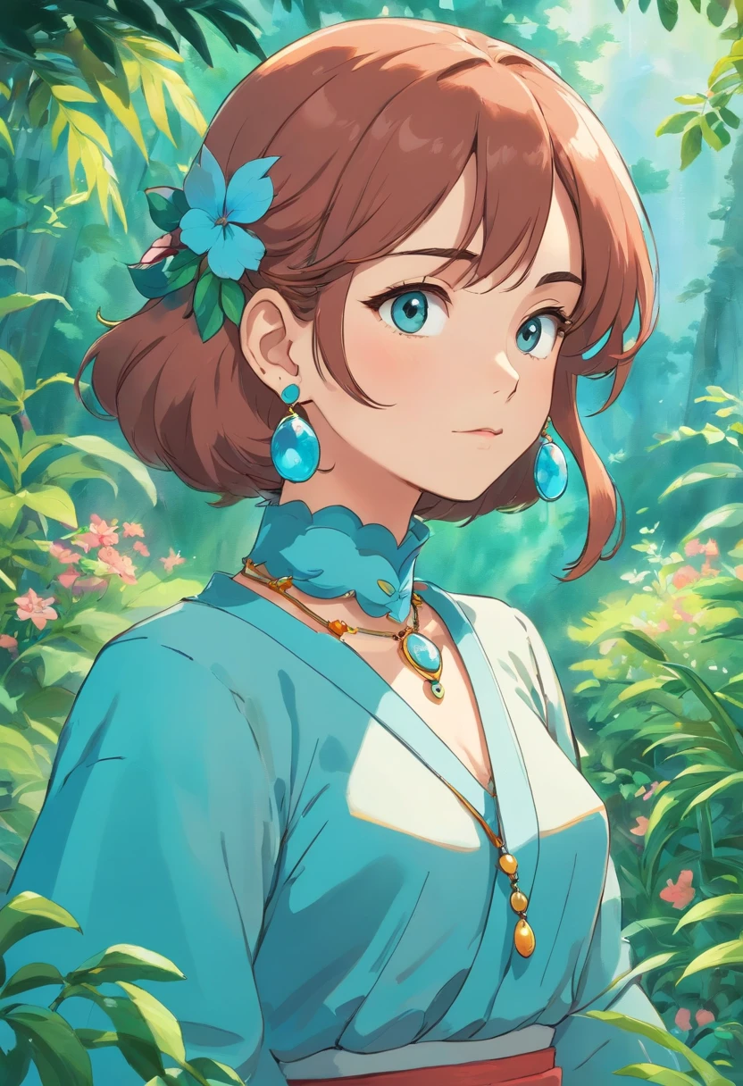 a girl wearing an anime collar, a long necklace and earrings, in the style of tranquil gardenscapes, colorful animation stills, masami teraoka, aquamarine, paul gauguin, Embry style, honest portrayal