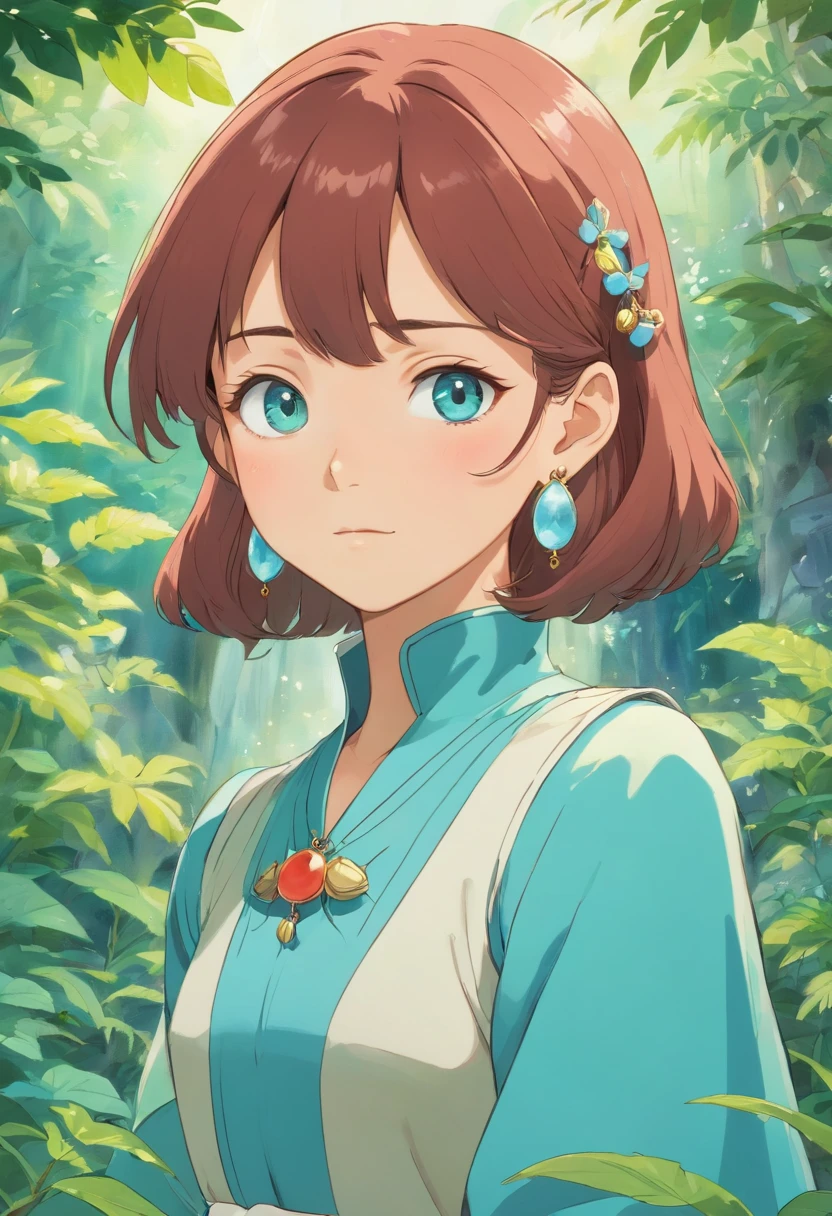 a girl wearing an anime collar, a long necklace and earrings, in the style of tranquil gardenscapes, colorful animation stills, masami teraoka, aquamarine, paul gauguin, Embry style, honest portrayal