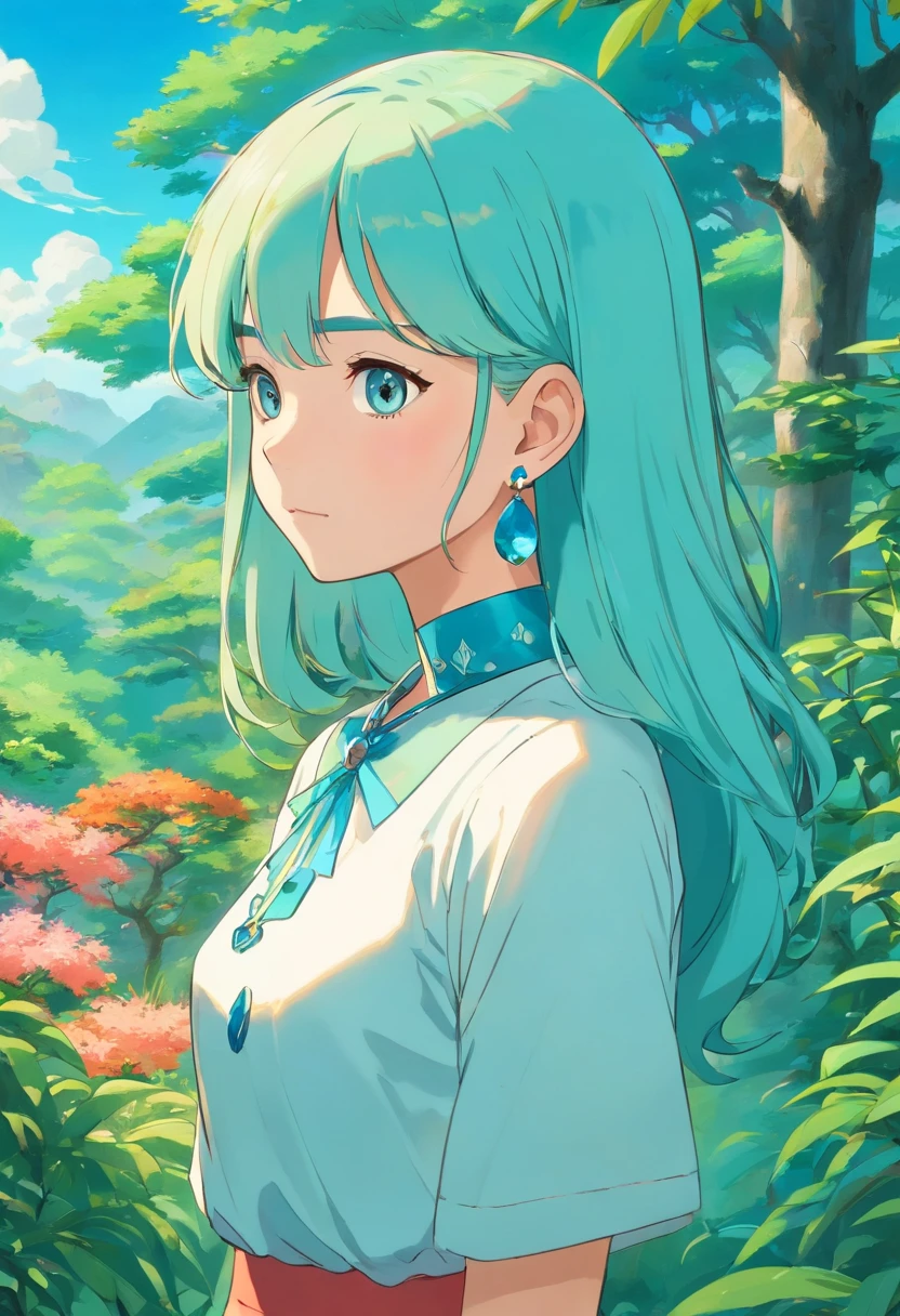 a girl wearing an anime collar, a long necklace and earrings, in the style of tranquil gardenscapes, colorful animation stills, masami teraoka, aquamarine, paul gauguin, Embry style, honest portrayal