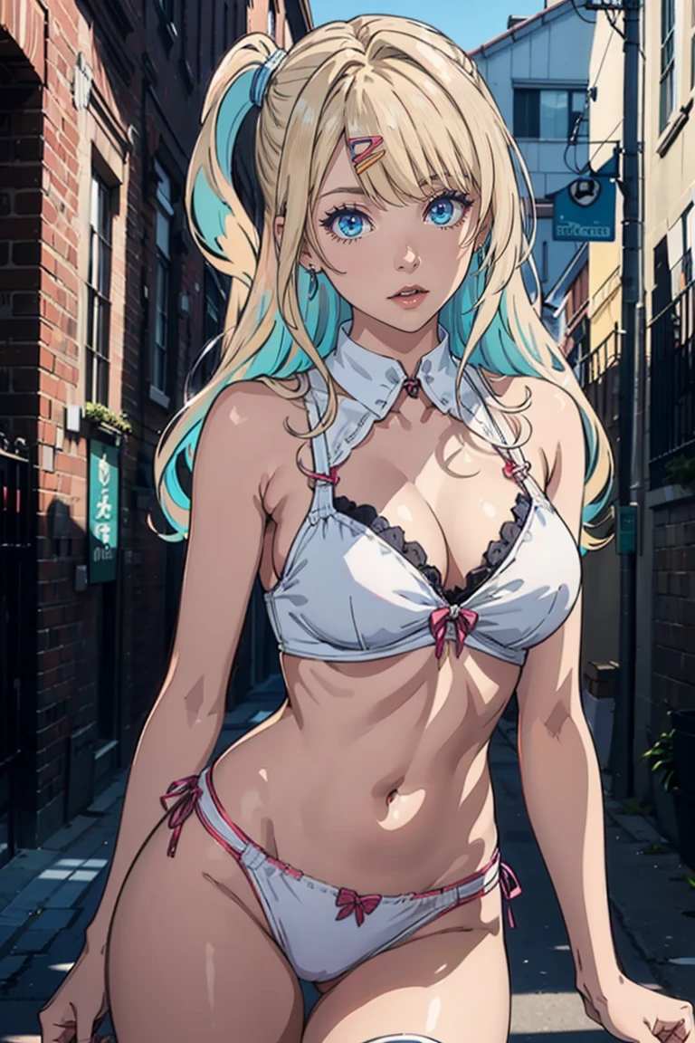 ShirakawaRuna, 1girl, blonde hair, multicolored hair, bangs, one side up, long hair, blue eyes, hairclip, jewelry, earrings,gyaru,large breasts,The photo was taken in a red glowing light, with a red scenery. The girl on focus, She is facing the camera. She wears a white bunny outfit, for roleplay porpuses, revealing its curves, she was a white top and white underwear. The outfit is very tight around her waistline, and her shouldes are bare. Her hair is blonde and short, with colored streaks, or blonde multicolored hair. She is touching her body, and playing with it, or maybe not. The lighting in the photo is impressive. The girl is illuminated perfectly with volumetric lighting. The rest of the photo is in dim light, with a very complicated background. This creates a sense of pleasure and intrigue. The colors are all vibrant and satisfying to look at. The face is very realistic, and she is very detailed as well, she is appealing to look at. The general mood of the photo is sensual and alluring. The girl is the center of attention of the photo, And its beauty is undeniable. The beautiful setting and dramatic lighting create a sense of hypnosis and excitement. This photograph is a perfect example of professional cinematic photography. It is well lit, well-proportioned, And the theme is absolutely amazing. It is sure to attract the attention of anyone, Who will see it. You could put a ornaments in her hair. Whatever, As a result, the photo will be composed?, It is sure to be a stunning and memorable image.