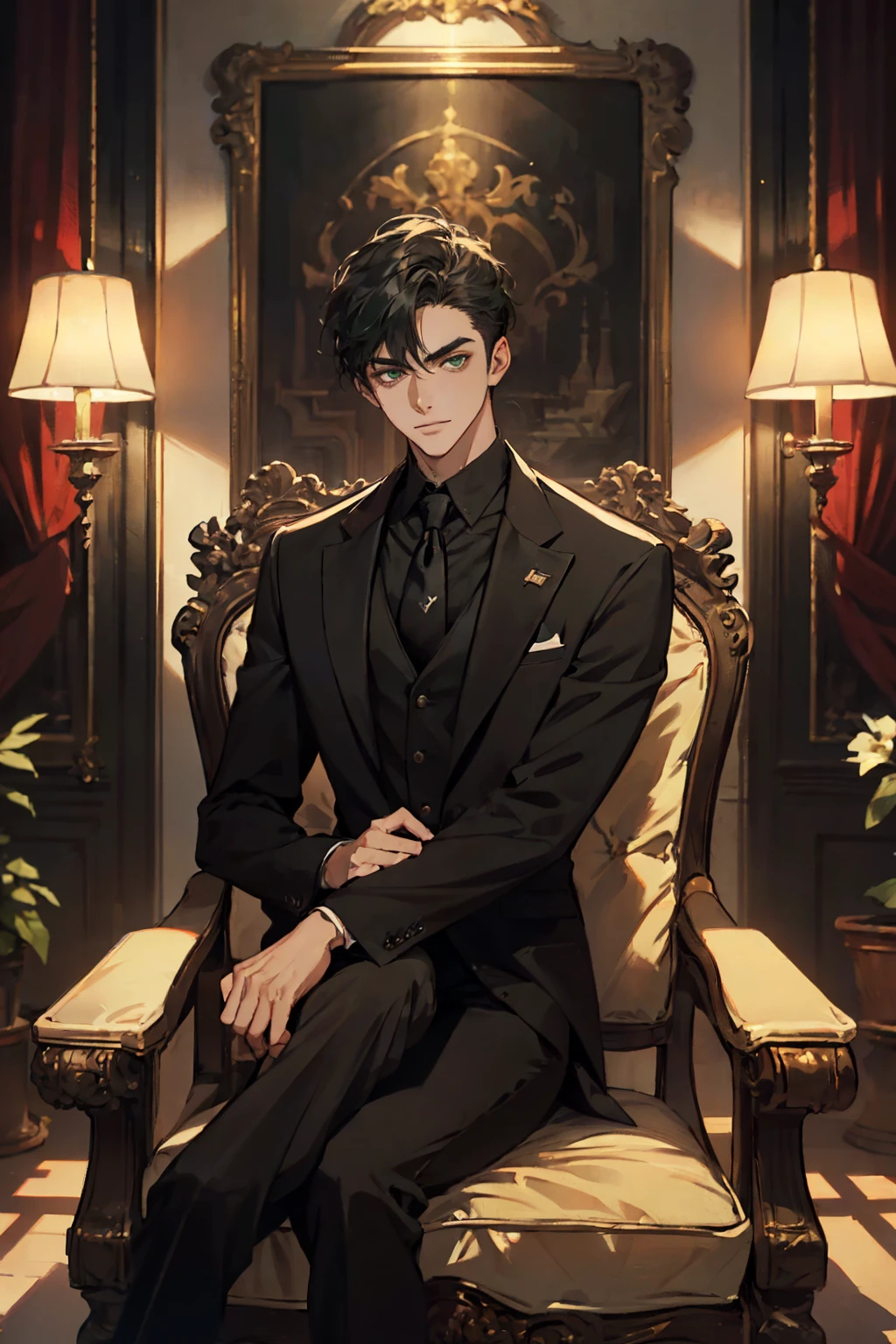 ((One young man with a black suit and tie)), in the mansion, alejandro, (((side swept dark short hair))), (dark green eyes and thick eyebrows), smirk, ((20 years old)), ((masterpiece)), posture dynamic, ((cinematic lighting)), (height tall around 5 foot 6), (sitting on the chair)
