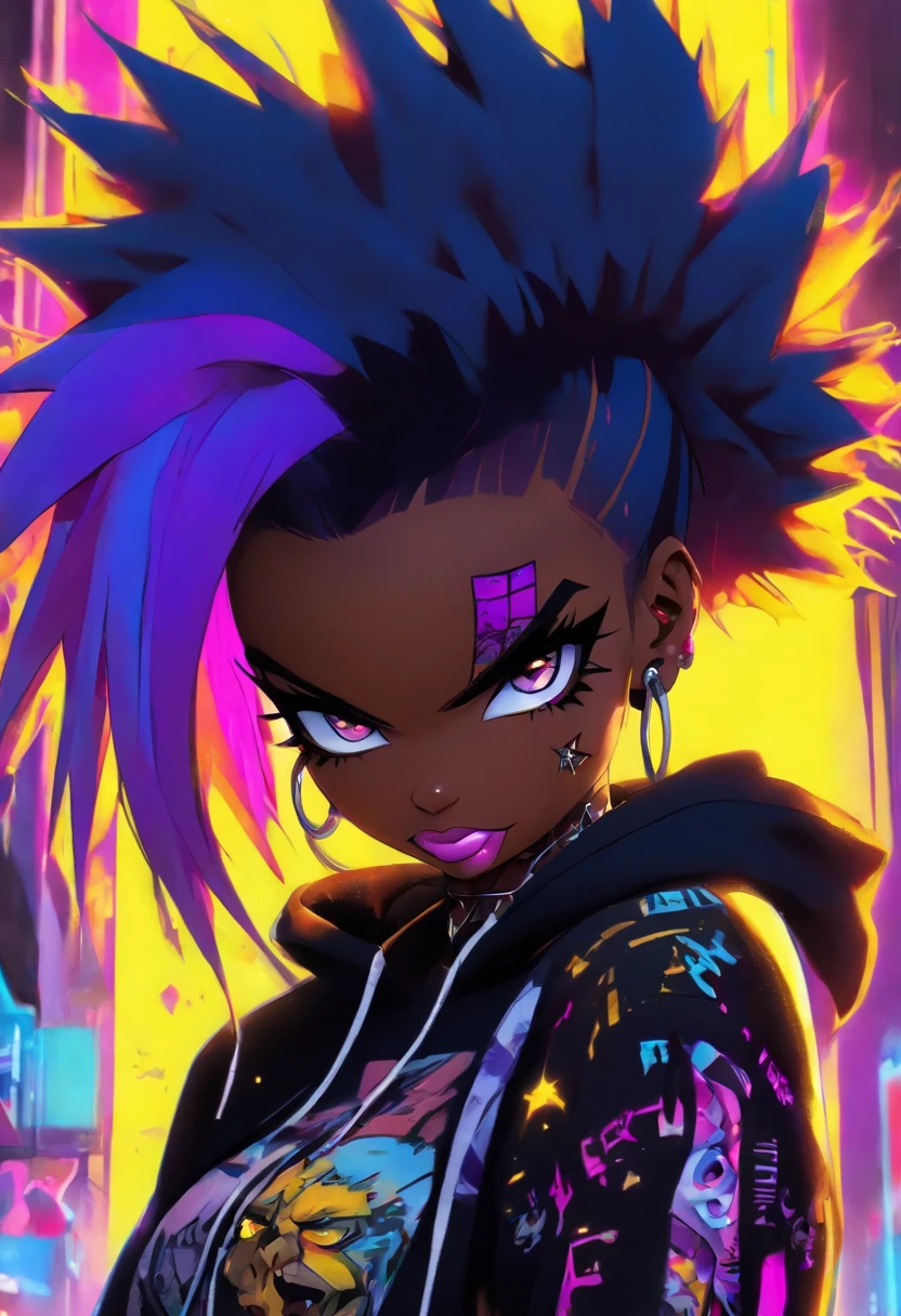 The most beautiful and sexy punk rock girl, black Afro, black and purple, blue hair, yellow eyes, dark skin, (full body concept), wearing a hoodie, Graphic design jacket and torn skinny jeans, tons of tattoos and piercings, Perfect masterpiece, high quality, High resolution, big tits