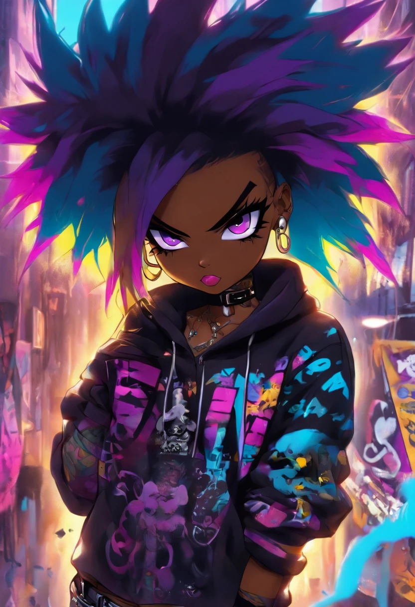 The most beautiful and sexy punk rock girl, black Afro, black and purple, blue hair, yellow eyes, dark skin, (full body concept), wearing a hoodie, Graphic design jacket and torn skinny jeans, tons of tattoos and piercings, Perfect masterpiece, high quality, High resolution, big tits