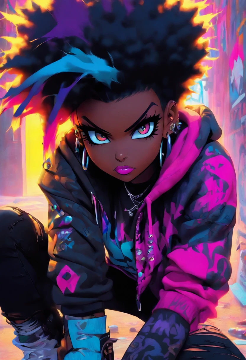 The most beautiful and sexy punk rock girl, black Afro, black and purple, blue hair, yellow eyes, dark skin, (full body concept), wearing a hoodie, Graphic design jacket and torn skinny jeans, tons of tattoos and piercings, Perfect masterpiece, high quality, High resolution, big tits