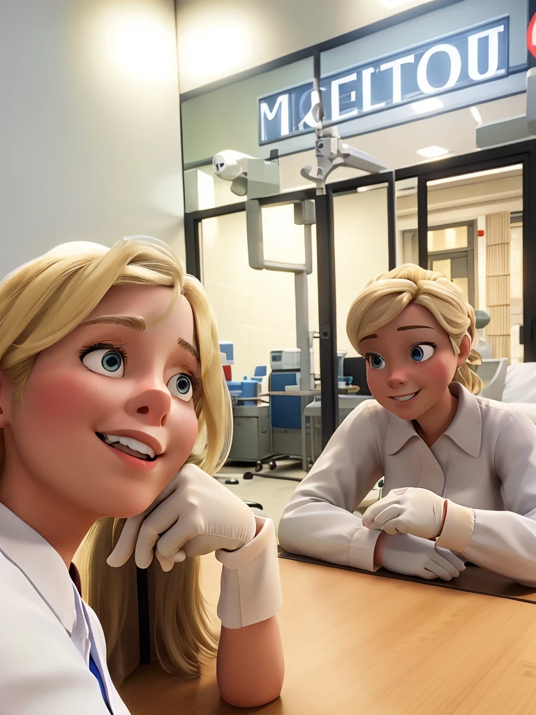 masterpiece, best quality, blonde Female nurse with a surgical mask putting on gloves at hospital, white nurse outfit
