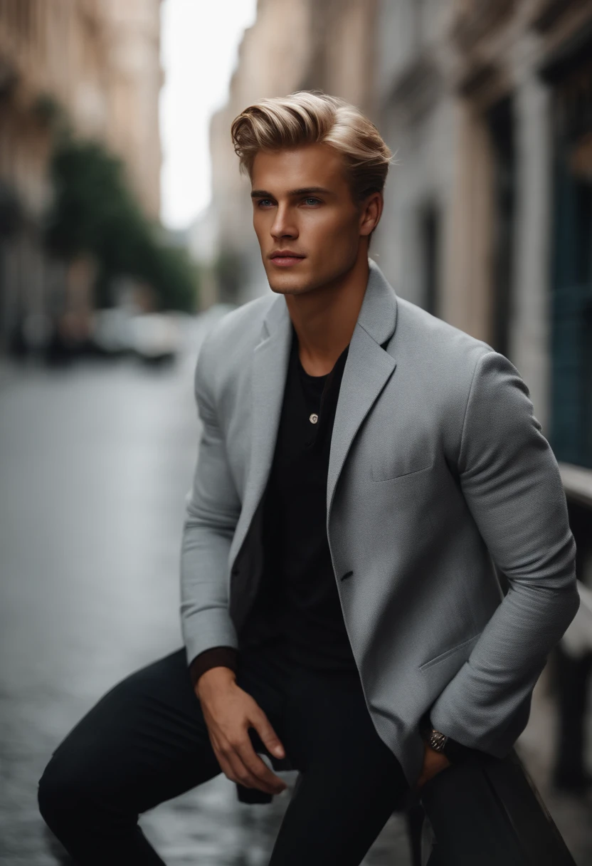 Man in gray suitholding the jacket in his arms, white shirt, long short blond hair, and blue eyes, attractive male, handsome male, handsome young man, handsome and attractive, blonde and attractive features, attractive man, attractive young man, cool _ hairstyle, blond man, slim man with light tanned skin, Young man with long length, black shoes, 8k standing with the streets of singanpor in the background, big city