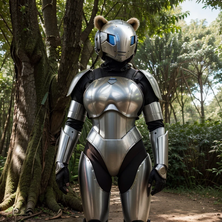 Um urso, com uma armadura tecnologica. In your hands two machetes. No fundo dentro de uma floresta. Behind a tree a robot looking at the bear in disguise