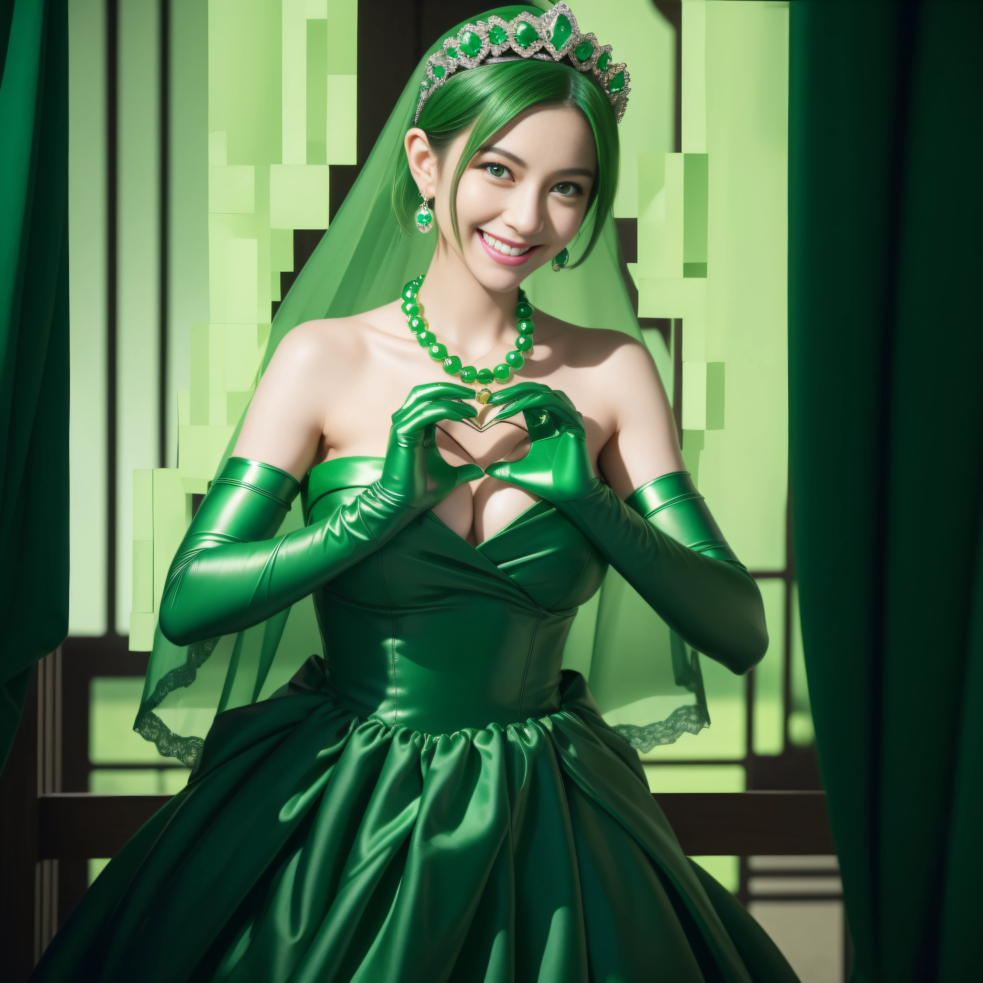 emerald tiara, Green Pearl Necklace, Boyish very short green hair, lipsticks, Japan woman smiling, very short short hair, big breasts beautiful, Green eyes, Long green gloves made of satin material, Green eyes, Emerald Earrings, green vale, Heart with both hands