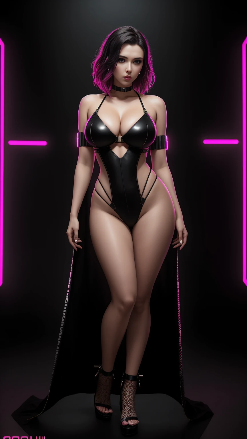 there is scarlett johansson standing, 3 d neon art of a womans body, neon- background, cyberpunk femme fatale, seductive cyberpunk dark fantasy, cyberpunk striyberpunk 20 y. o model girl, oppai cyberpunk, banner, high definition cgsociety, cgsociety masterpiece, trending on cgstation, kda, random hair, looking at camera, gigantic breasts, cleavigh detai:1.2), 8k uhd, dslr, super lighting, high quality, film grain, high res, highly detailed, hyper realistic, beautiful face, beautiful body, beautiful eyes nose lips, alluring expression, very bold, upper boobs visible, full body photanding legs apart, pale translucent glowing skin, most beautiful face, cute, (well defined pubic hair:1.2)), (dark plain black background:1.4))
