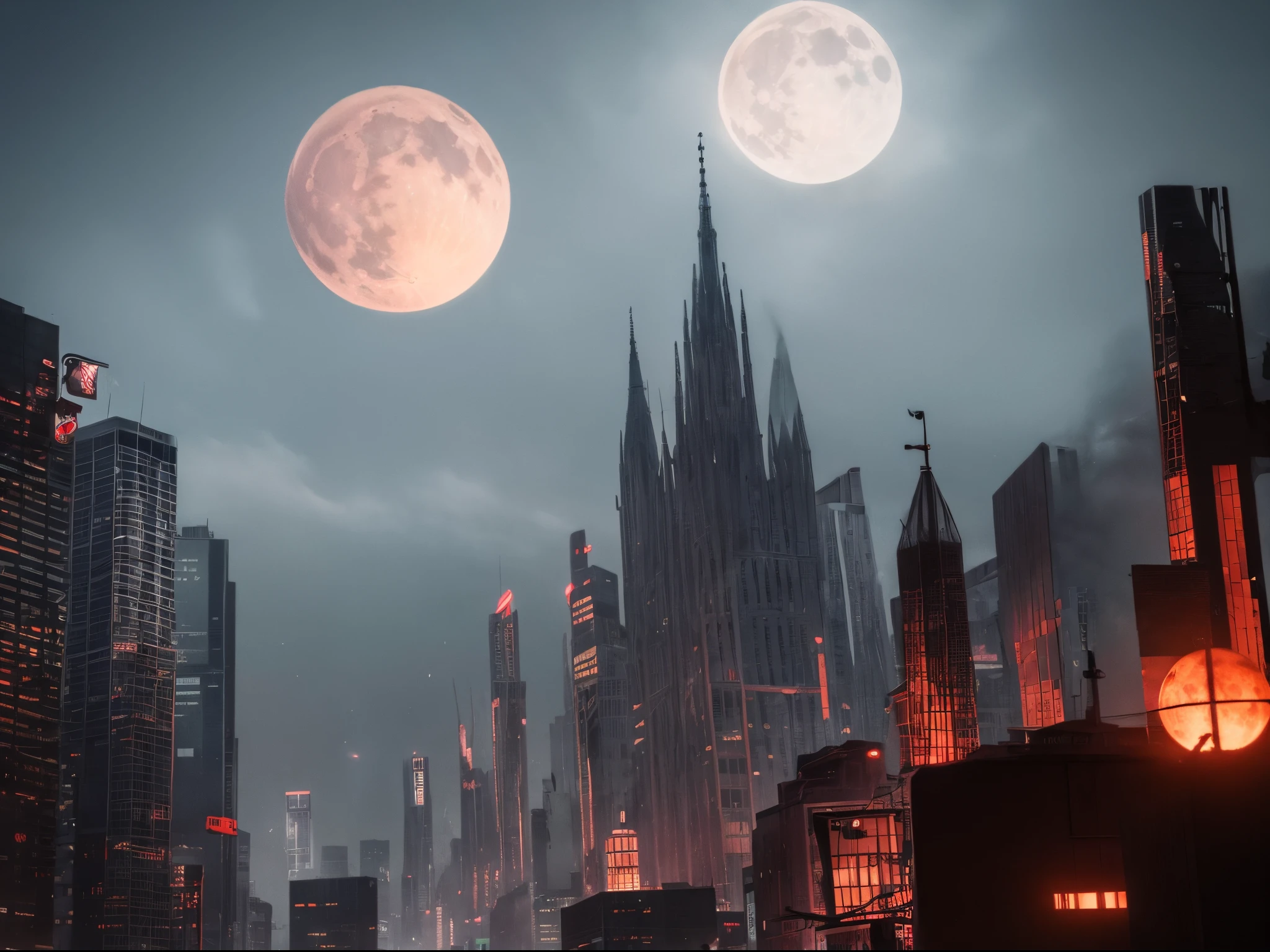 An eerie cityscape with ominous shadows, twisted buildings, and a blood-red moon in the sky. The stars take on a sinister glow, giving the scene a haunting vibe.