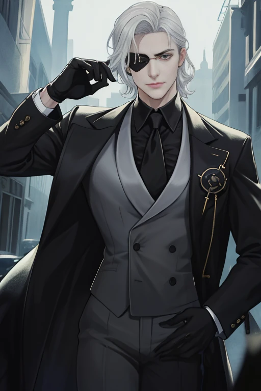 ​masterpiece, top-quality, realisitic, 1 Youth, man focus, a handsome, [portraitures], extra detailed face, Silvery hair, waved hair, Dark look,Eye patch on the right eye,black suits,Glaring Strongly,Wrinkles between the eyebrows,smil,mobster,Dramatic Lighting,Black Gloves,Vicious face,villainess,Charisma,Rasvos