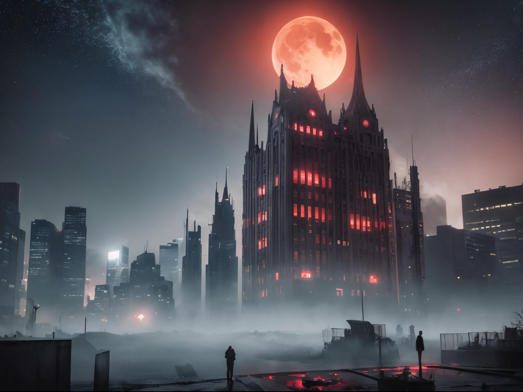 An eerie cityscape with ominous shadows, twisted buildings, and a blood-red moon in the sky. The stars take on a sinister glow, giving the scene a haunting vibe.