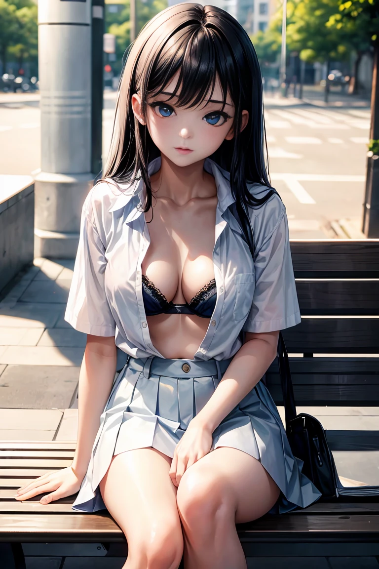 (-yeld wom, long black hair, shiny blue eyes, small breasts, wearing school clothes, white color bra, a sly look, blue mini skirt, white shirt unbuttoned, park bench, a perfect cute face