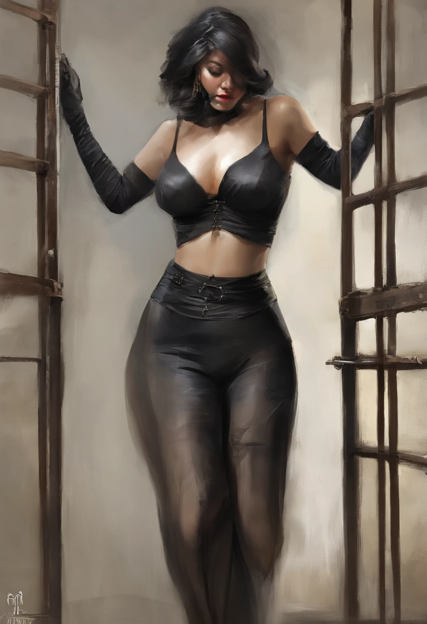 Black corset,束缚、(in a prison cell)、full body Esbian、((top-quality、8K、​masterpiece:1.3))、Crisp focus:1.2、Beautiful woman with perfect body shape:1.4、Slender Abs:1.2、((layers-Cut、Colossal tits:1.2))、(Sateen、Street:1.2)、a wet body:1.5、Highly detailed facial and skin texture、A detailed eye、Bery short hair,BDSM,Slave,rubber