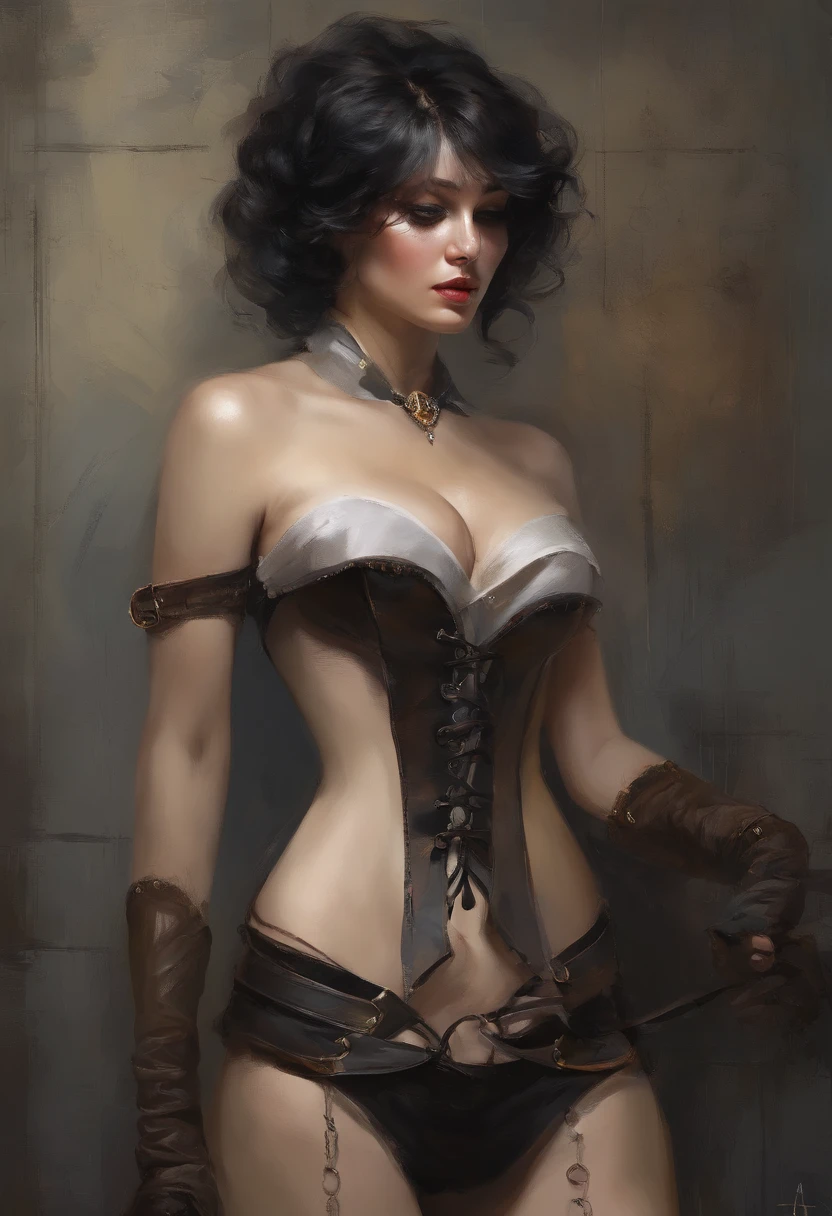 Black corset,束缚、(in a prison cell)、full body Esbian、((top-quality、8K、masterpiece:1.3))、Crisp focus:1.2、Beautiful woman with perfect body shape:1.4、Slender Abs:1.2、((layers-Cut、Colossal tits:1.2))、(Sateen、Street:1.2)、a wet body:1.5、Highly detailed facial and skin texture、A detailed eye、Bery short hair,BDSM,Slave,rubber