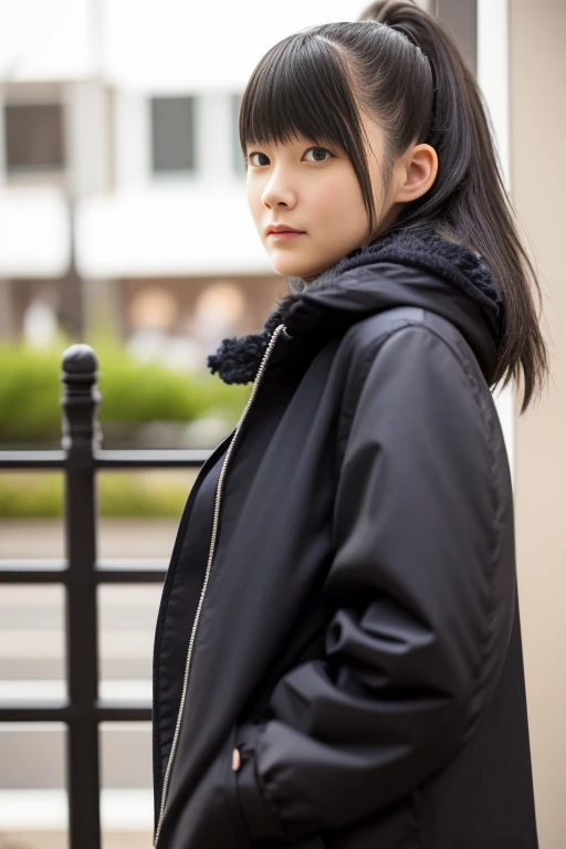 (Best Quality,masuter piece:1.2)Perfect and ultimate idol,Artist Photos,perfect detailed,Cute anime girl,with round face,Perfect and beautiful face,(Realistic,Photorealistic,Live action:1.2),a cool,glareing,angry,small tits,Detailed face,1girl in,Solo,Bright background,beautiful girl in a black coat,frontage,The upper part of the body,The background is downtown,Right eyes,correct body,Stand with your hands in your pockets,assassin girl
