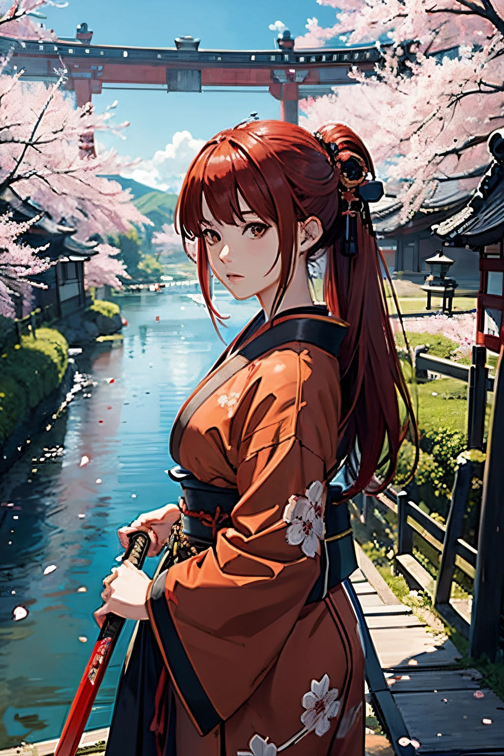 anime girl, samurai style, red hair, holding two swords, kimono, thunders, old japan landscapes, a bridge, a river with sakuras floating