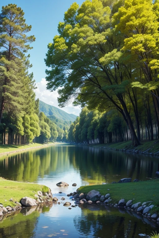 cree un paisaje lleno de arboles y un lago