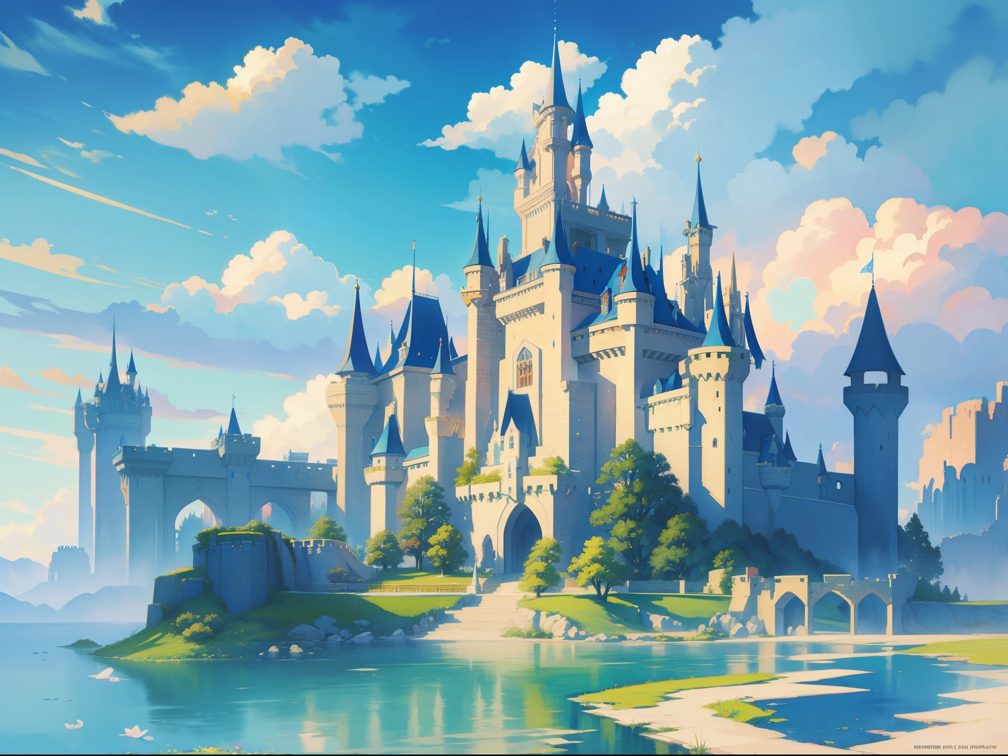 picture book illustration, watercolor storybook illustration, ((princess castle)), ((fairytale castle)), fairytale towers, clouds, vibrant pastel colors, dream, colorful, whimsical, magical, masterpiece, best quality, sharp focus, intricately detailed environment, fine detail, 8k resolution