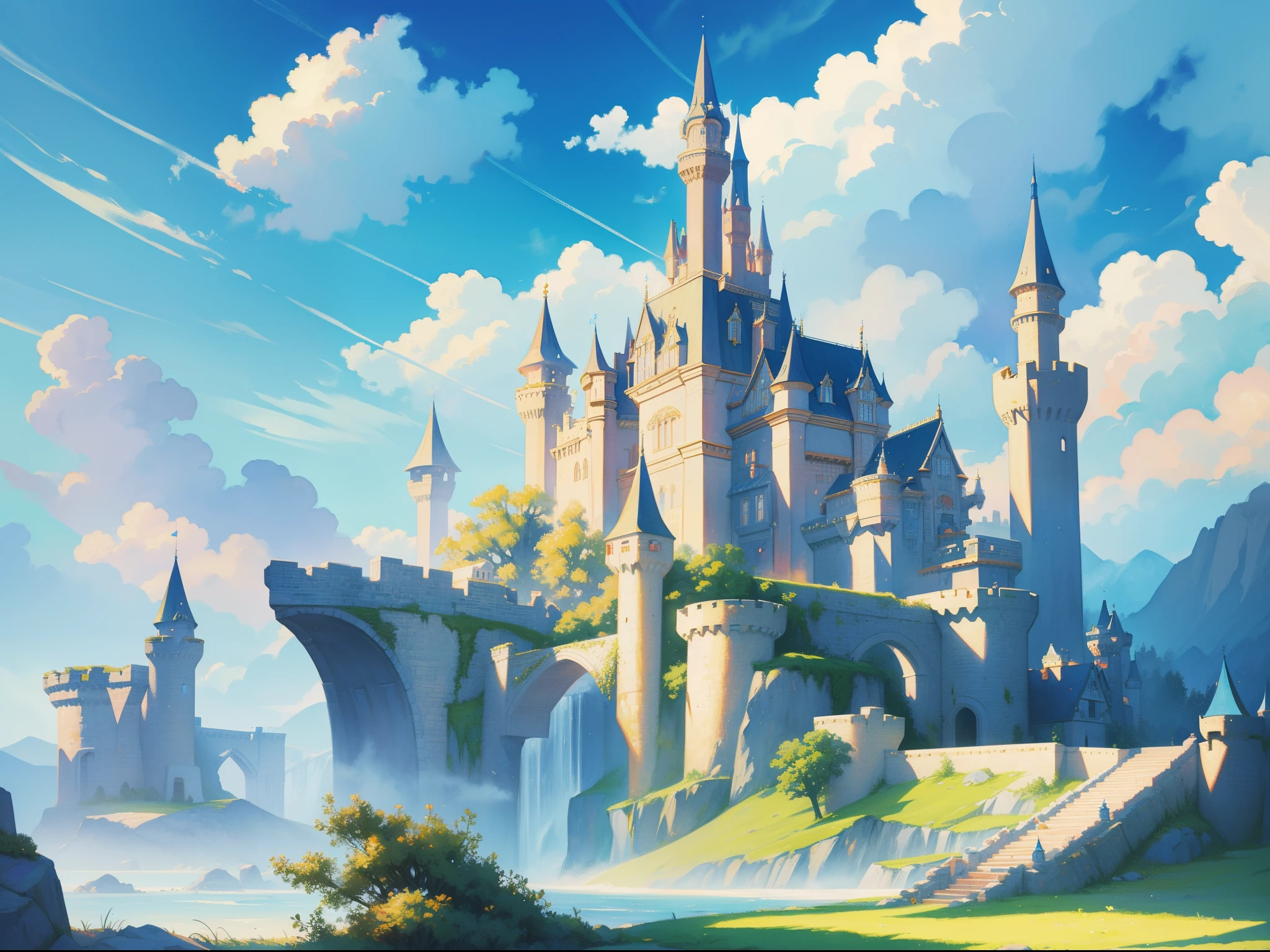 picture book illustration, watercolor storybook illustration, ((princess castle)), ((fairytale castle)), fairytale towers, clouds, vibrant pastel colors, dream, colorful, whimsical, magical, masterpiece, best quality, sharp focus, intricately detailed environment, fine detail, 8k resolution