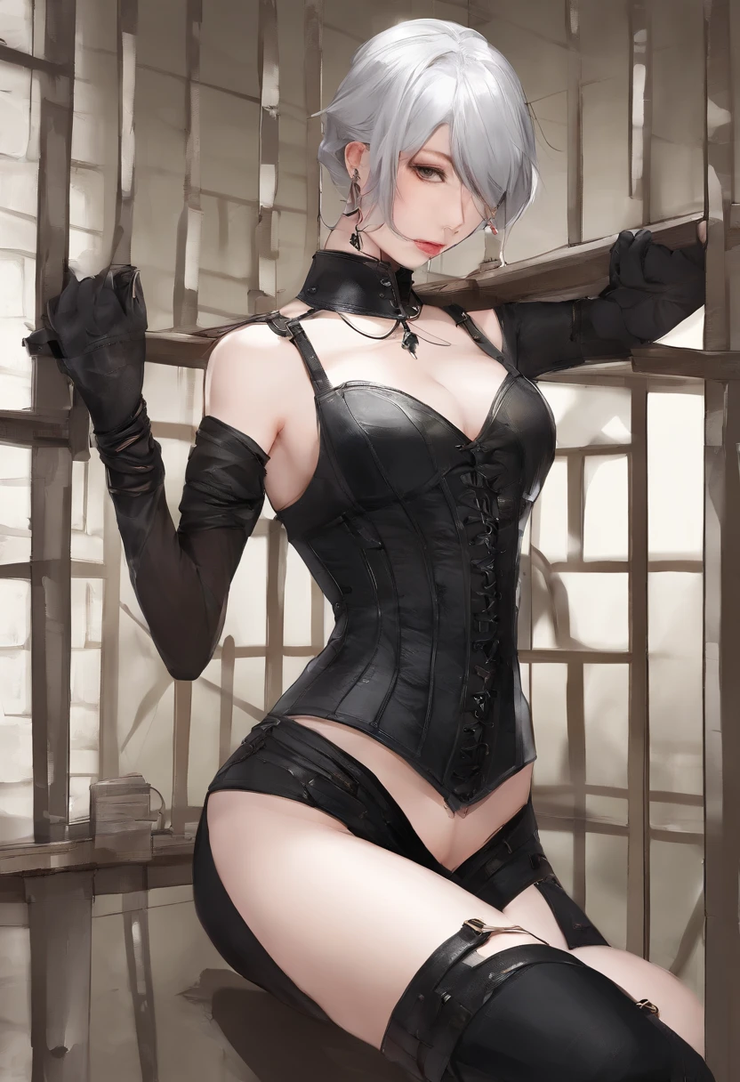 Black corset,束缚、(in a prison cell)、full body Esbian、((top-quality、8K、masterpiece:1.3))、Crisp focus:1.2、Beautiful woman with perfect body shape:1.4、Slender Abs:1.2、((layers-Cut、Colossal tits:1.2))、(Sateen、Street:1.2)、a wet body:1.5、Highly detailed facial and skin texture、A detailed eye、Bery short hair,BDSM,Slave,rubber