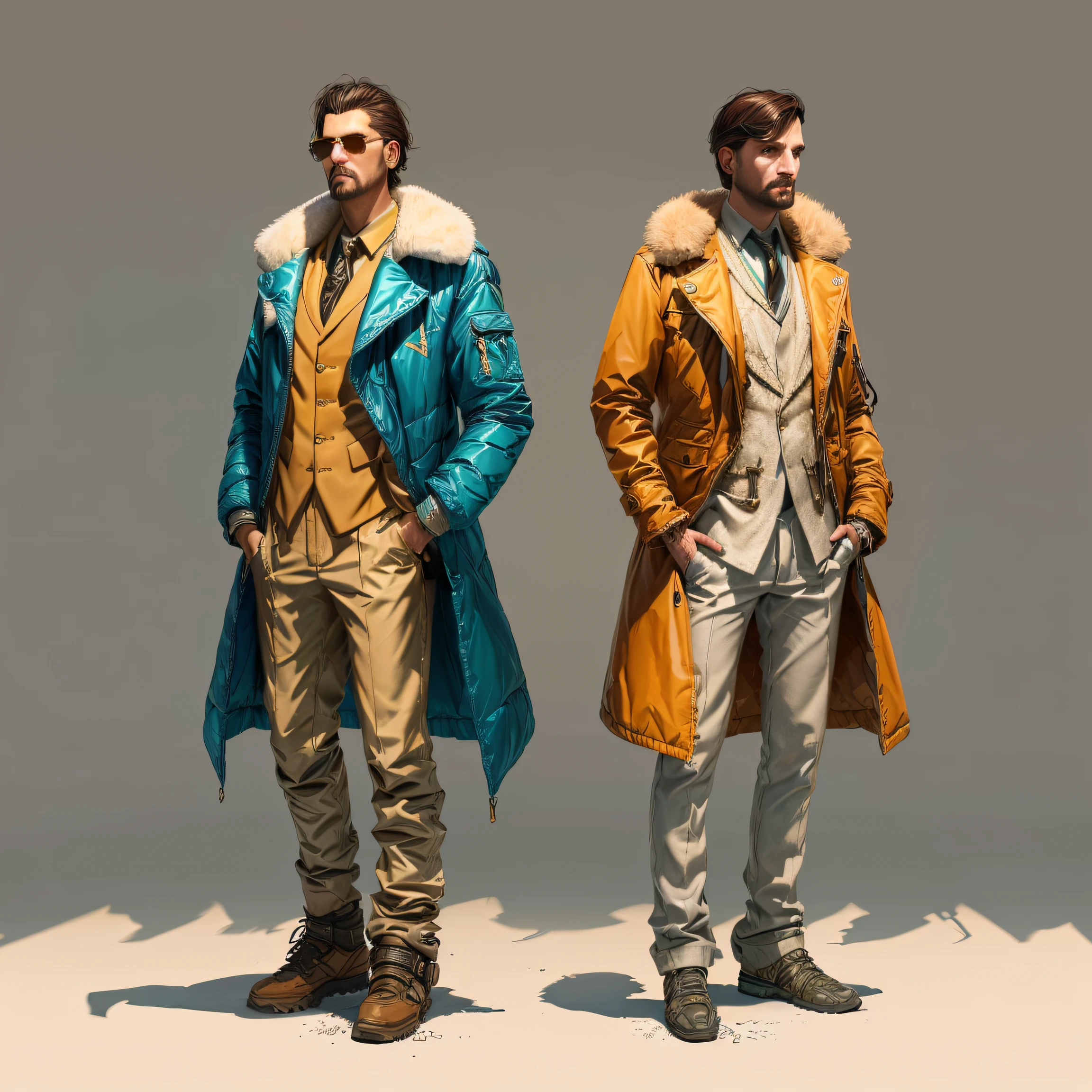 two men in jackets and pants standing next to each other, disco elysium style!!!, disco elysium character, disco elysium concept art, colored concept art, disco elysium artwork, disco elysium style, style of james gurney, style of marcin blaszczak, fashion concept art, disco elysium art, inspired by Marius Borgeaud