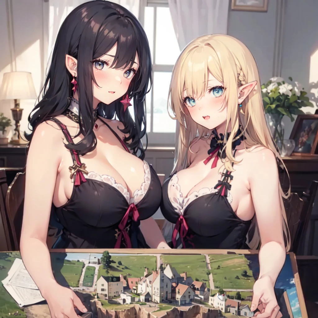 (2girls:1.3), (yuri:1.3), two girls next to each other, (height_difference:1.2),
two giants looking down at a tiny village on a table from above, (village from above: 1.2),
tall, huge (breasts:1.1), breast squeeze, (2girls:1.6), (yuri:1.1), (giantess:1.2), happy, blushing, cleavage, (height_difference:1.3), (size_difference:1.1), bedroom background, Princess, frills, cute dress, pointy ear, elf, bright hair, bright eyes, cliffs, hills, rivers, mountains