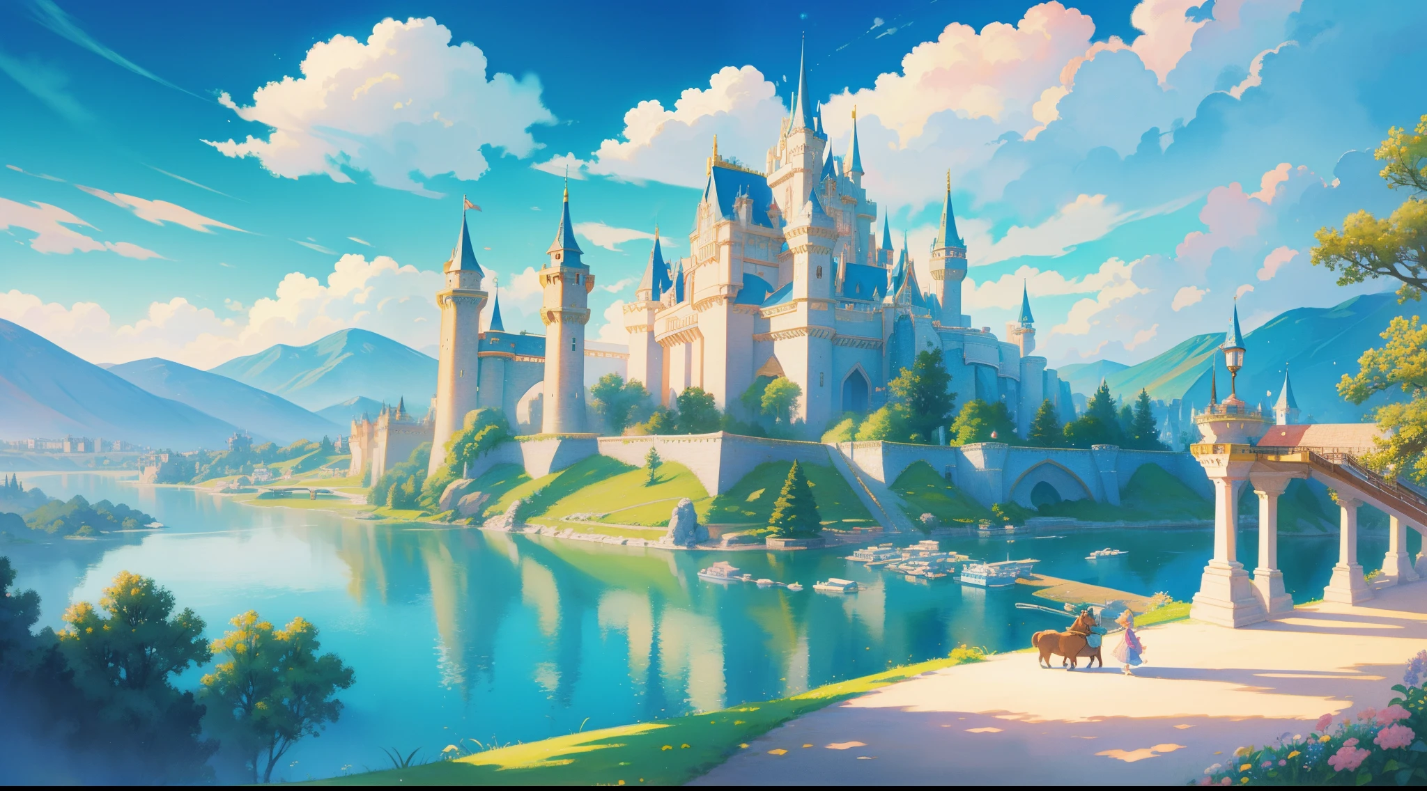 picture book illustration, watercolor storybook illustration, ((princess castle)), ((fairytale castle)), fairytale towers, clouds, vibrant pastel colors, dream, colorful, whimsical, magical, masterpiece, best quality, sharp focus, intricately detailed environment, fine detail, 8k resolution