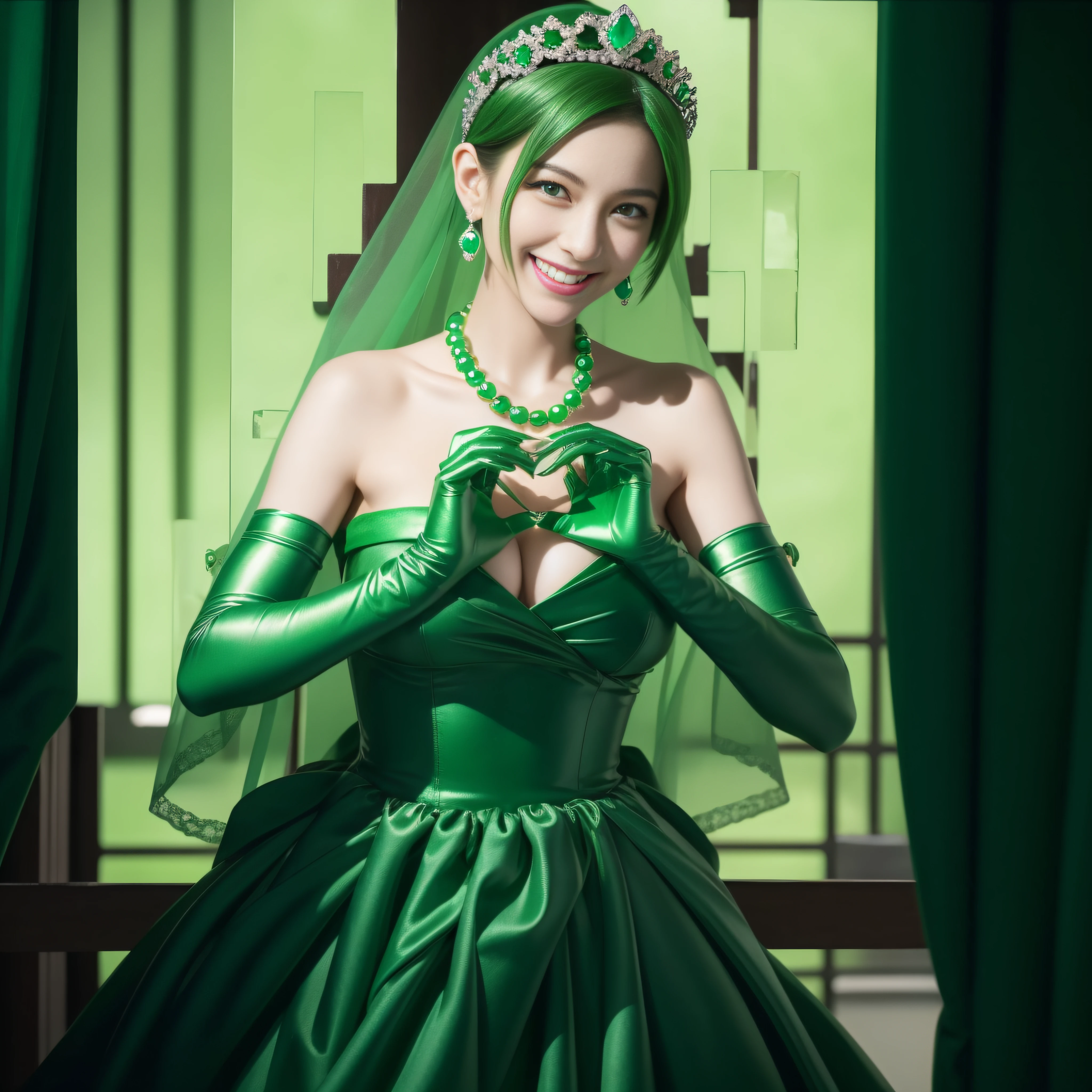 emerald tiara, Green Pearl Necklace, Boyish very short green hair, lipsticks, Japan woman smiling, very short short hair,  big breasts beautiful, Green eyes, Long green gloves made of satin material, Green eyes, Emerald Earrings, green vale, Heart with both hands