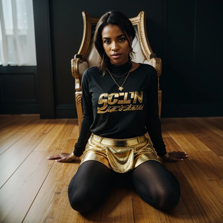 Um personagem, preto com um roupa social, olhando direto para o espelho. Gold lit room thrown on the floor