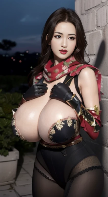 (masterpiece, best quality, extremely detailed 8k, ultra hd, ultra-detailed, highly detailed, highly realistic, ultra-realistic, photo realistic), (1girl:1.5), (detailed realistic skin), (realistic big breasts), (sexy lipstick), slender abs, Female knight in sexy clothes, wearing sexy armor, wearing pantyhose floral motif, the armor on the chest are also open showing a lot of cleavage, the chest is big and Solid, big thighs, showing the whole body, slim waist, hair tied back, serious facial expression targeting the enemy, elegant, erotic, wearing a flowing black scarf, h cup bust size, very big boobs, cleavage, background korean city at night