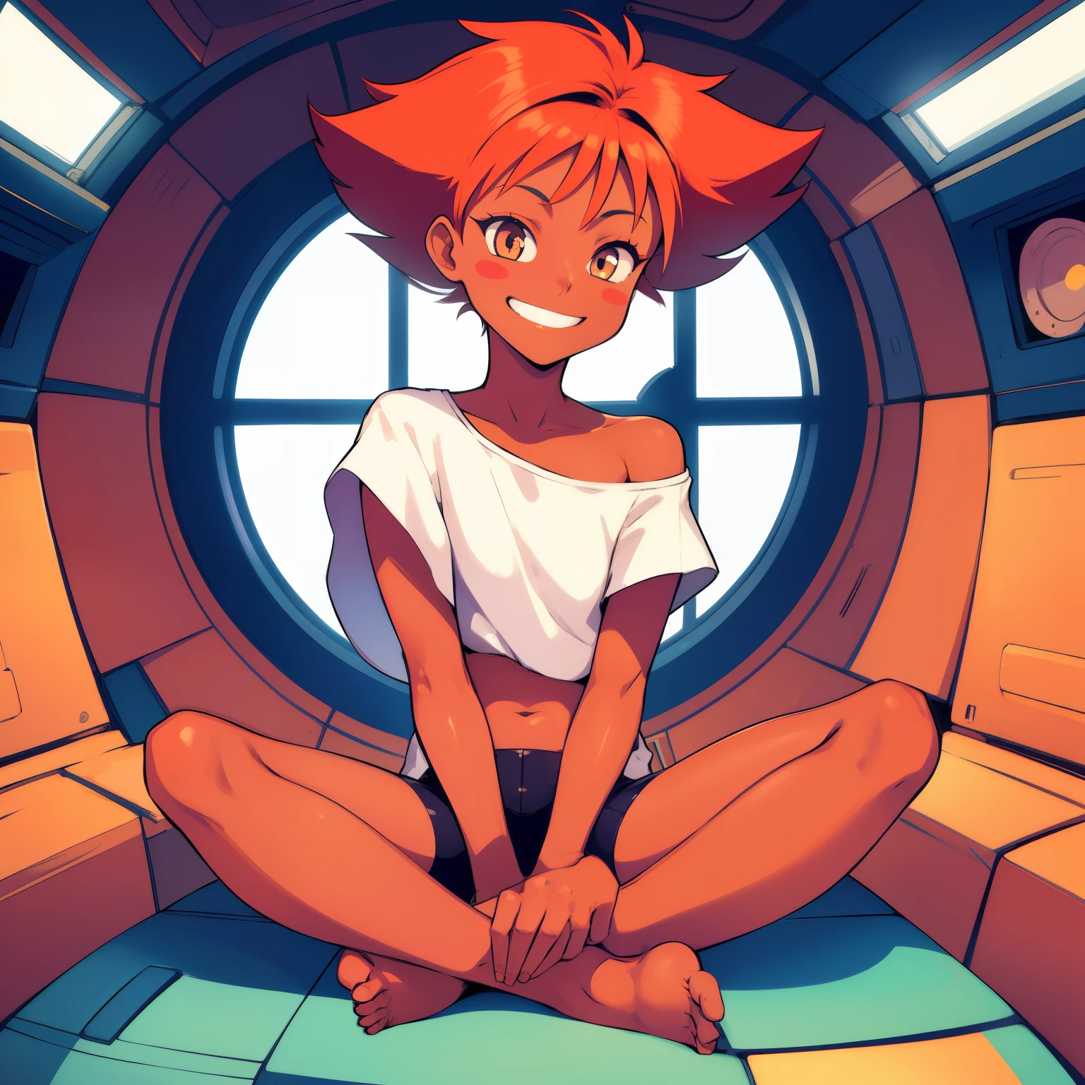 1girl, masterpiece, (detailed background), best quality, absurdres, eyelashes, eyeshadow, orange hair, tiny breasts, sitting legs crisscrossed, space ship, window showing space and stars, edward, solo, short hair, smile, barefoot, dark skin, dark-skinned female, blush stickers, goggles, bike shorts, goggles on head, tomboy, white midriff off the shoulder, looking at viewer, grin