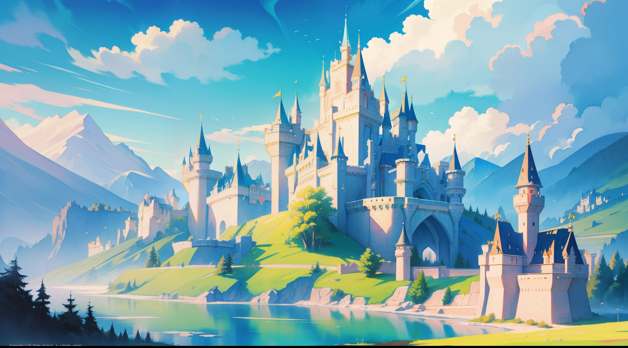 picture book illustration, watercolor storybook illustration, ((princess castle)), ((fairytale castle)), fairytale towers, clouds, vibrant pastel colors, dream, colorful, whimsical, magical, masterpiece, best quality, sharp focus, intricately detailed environment, fine detail, 8k resolution