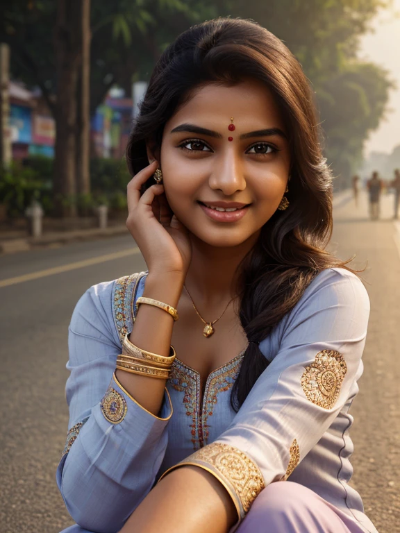 young Indian girl, 18-year-old, (tight deep neck kurti, patiala pant), wrist watch, high heels, 34 28 32, gentle lighting, intricate facial details, (bright smile:1.2), (intricate detailing:1.6 faces & eyes & nose & ears & lips & curves & skin & body parts), eyes symmetry, face symmetry, no wrinkles no pimples face, top-notch 3D rendering, full body shot from bottom, hyper-realistic, shot on Indian road. Zeta pixel digital art trending on Artstation 8k HD high definition detailed realistically