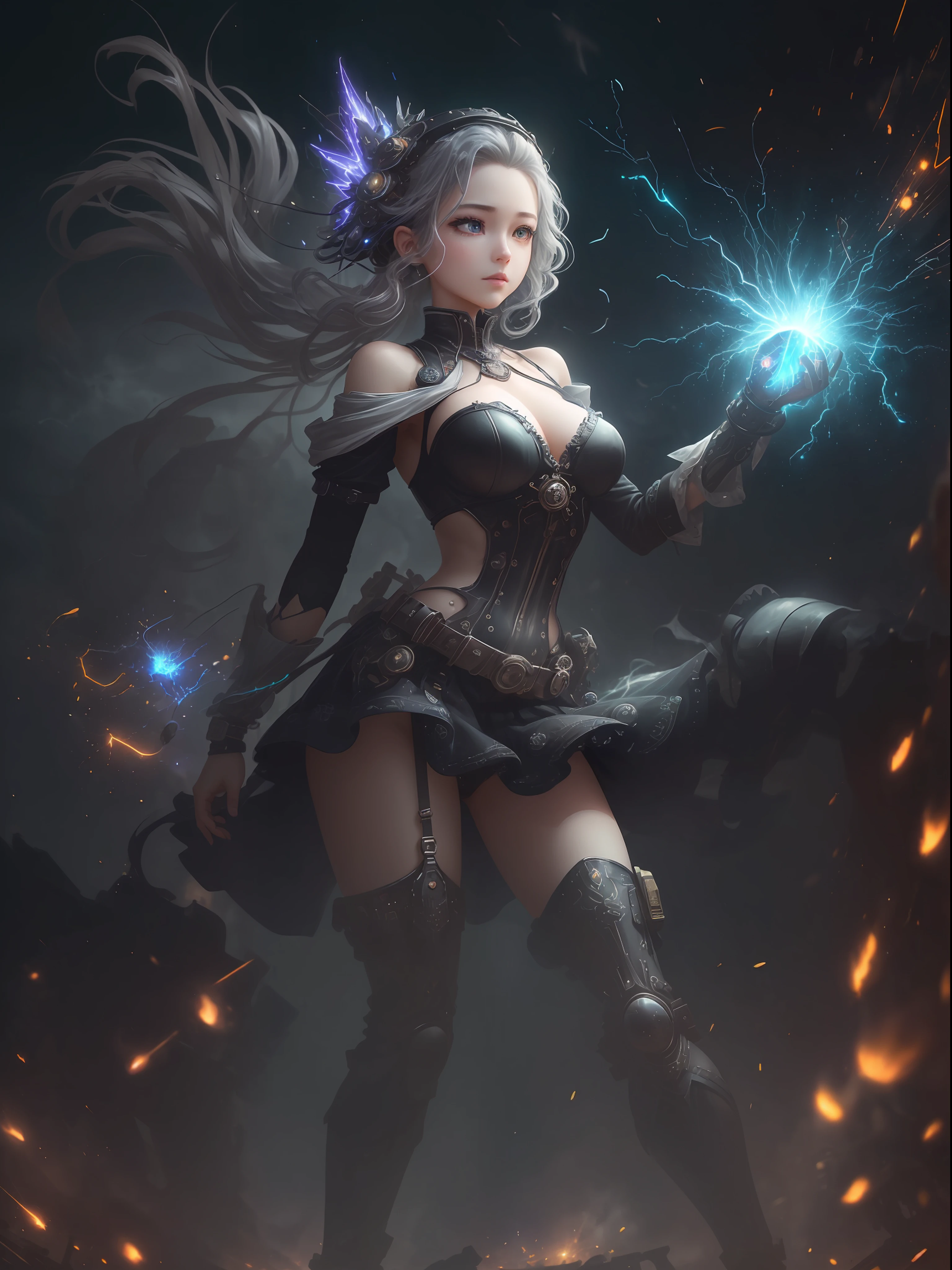 ((ultra best quality)), ((A very masterpiece)), ((The ultra-detailliert:1.4)), ((Ultra-Photorealistic 3D)), android mage girl, Mechanical body, Dynamic action poses in battle scenes, Mechanical weapons of very complex and heavy fighters, Off-the-shoulder fashion fused with detailed and intricate steampunk and detailed gothic ta, Complex steampunk headgear, very thin long legs、Mechanical boots above the knee、Fluttering lace flared mini skirt、 beautiful small breasts directed upwards、rather long vertical curly silver hair moved by the wind,、Countless shining large spheres flying around、Lots of sparks cross and fly、Countless neon lights raining down from magic-invoking poses、Steampunk Factory、Complex and precise mechanical ruins、Very dark night background、Very dramatic and cinematic lighting。Lightning from the palm。Beauty manipulating lightning。Manipulate lightning at your disposal。Thunderbolt。Lightning。Lightning around。Lightning clings to the body。Giant Thunder。