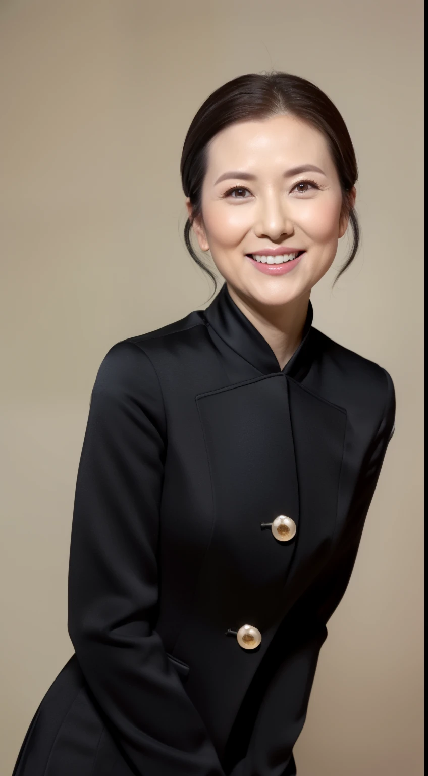 tmasterpiece,Best quality, Bigchest， ssmile，legs long，skin hyper-detail，Unclog pores，in a panoramic view，hip is cocked，blackstockings，Beautiful young Japanese woman in her 40s,  It's a perfect face, goodlooking,  (detailedfacialfeatures),  Face is clean and beautiful