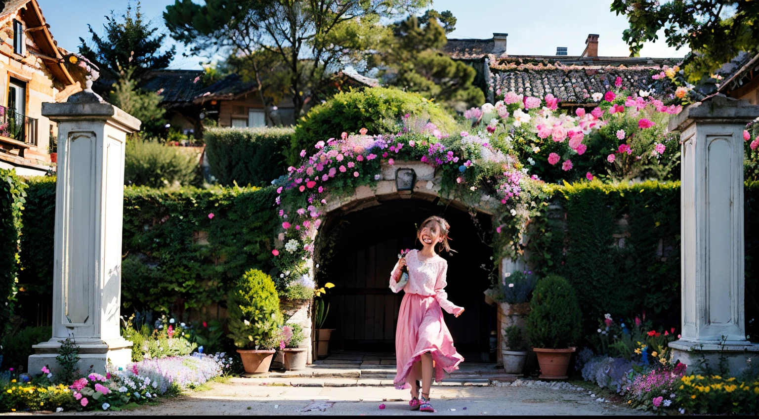 a girl happy in her village, sparkling eyes laughing in the garden, big garden fill with tree and flowers