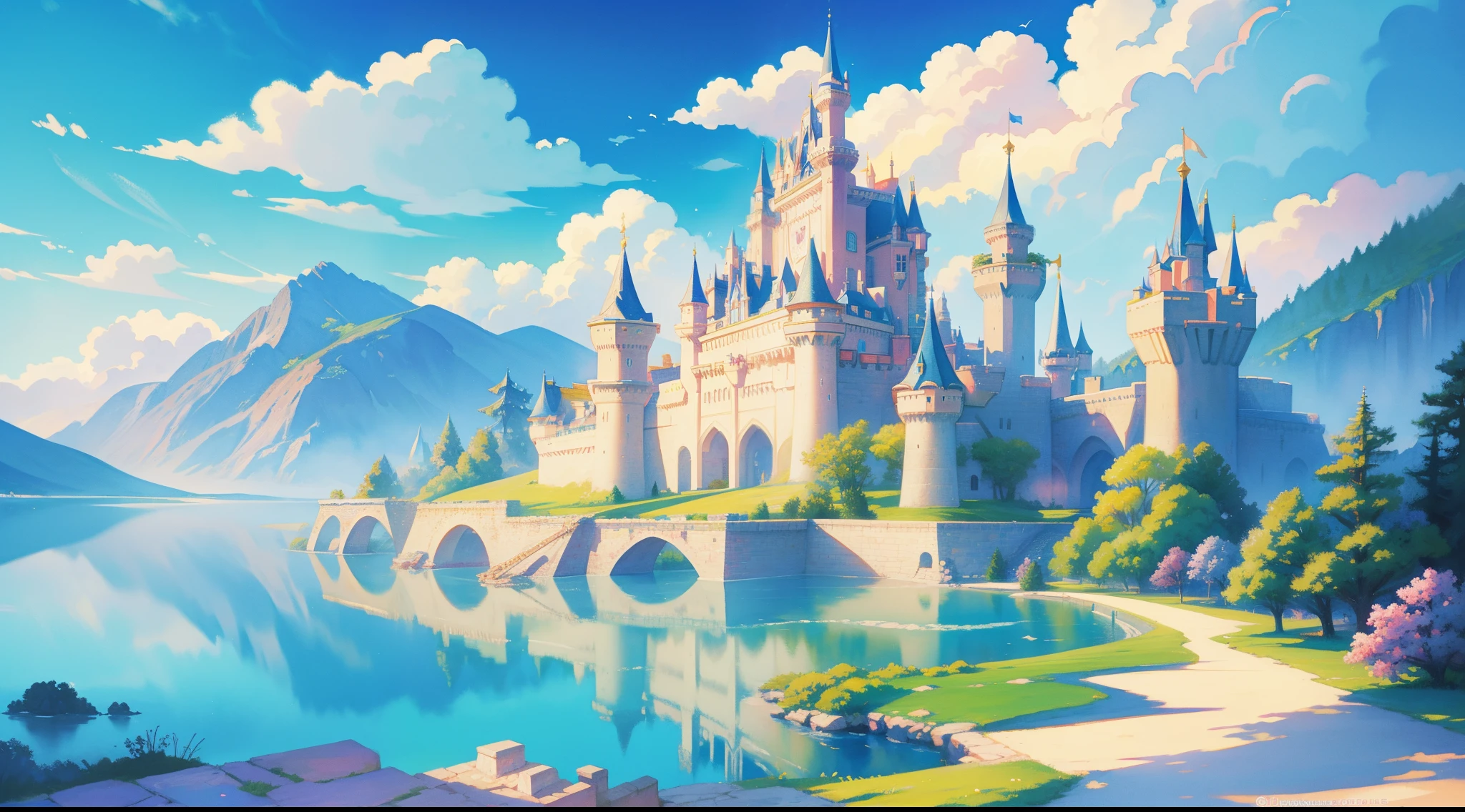 picture book illustration, watercolor storybook illustration, ((princess castle)), ((fairytale castle)), fairytale towers, clouds, vibrant pastel colors, dream, colorful, whimsical, magical, masterpiece, best quality, sharp focus, intricately detailed environment, fine detail, 8k resolution