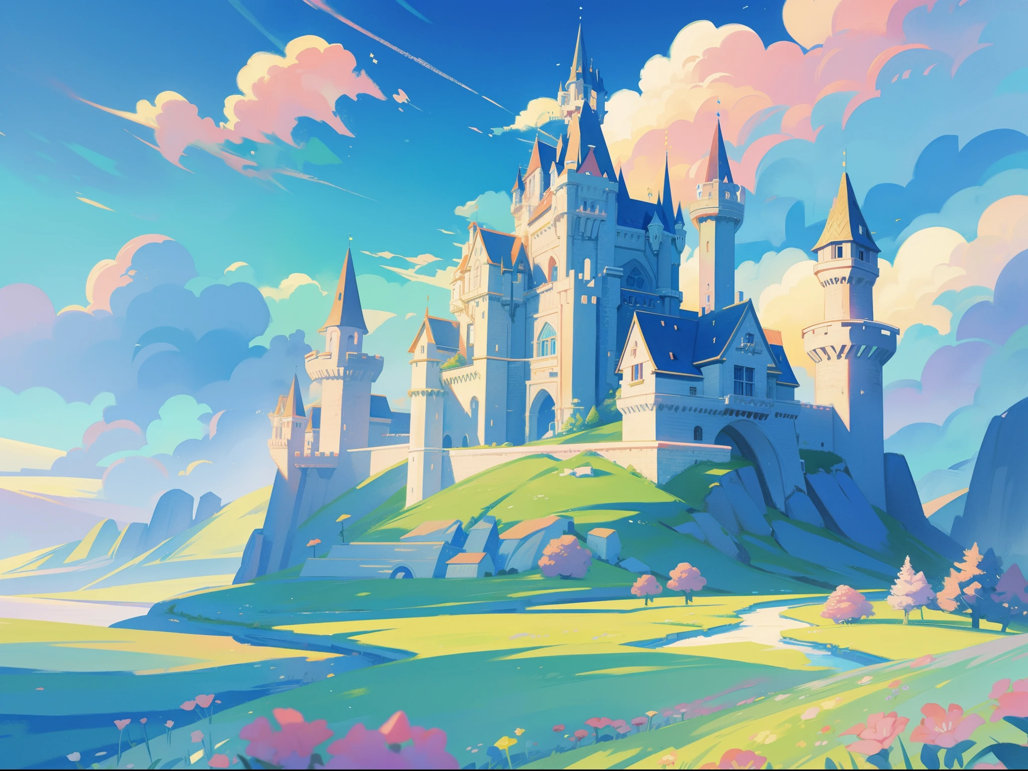 picture book illustration, watercolor storybook illustration, ((princess castle)), ((fairytale castle)), fairytale towers, clouds, vibrant pastel colors, dream, colorful, whimsical, magical, masterpiece, best quality, sharp focus, intricately detailed environment, fine detail, 8k resolution