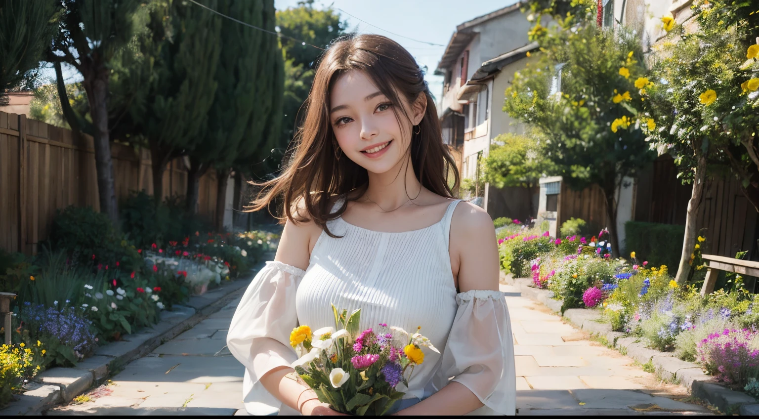 a girl happy in her village, sparkling eyes laughing in the garden, big garden fill with tree and flowers
