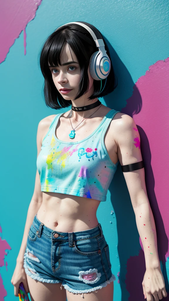 Krysten Ritter、masterpiece, top-quality, 1girl in, 独奏, croptop, Denim shorts, a choker, (doodle:1.5), Paint Splatter, arms behind back, Hitting a wall, Look at viewers, Armbands, Thigh strap, Paint on the body, tilt of the head, tedium, O cabelo multicolorido, Aqua Eye, headset on head,