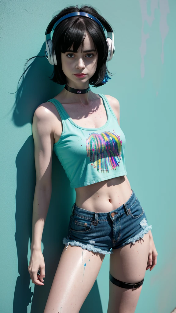 Krysten Ritter、masterpiece, top-quality, 1girl in, 独奏, croptop, Denim shorts, a choker, (doodle:1.5), Paint Splatter, arms behind back, Hitting a wall, Look at viewers, Armbands, Thigh strap, Paint on the body, tilt of the head, tedium, O cabelo multicolorido, Aqua Eye, headset on head,