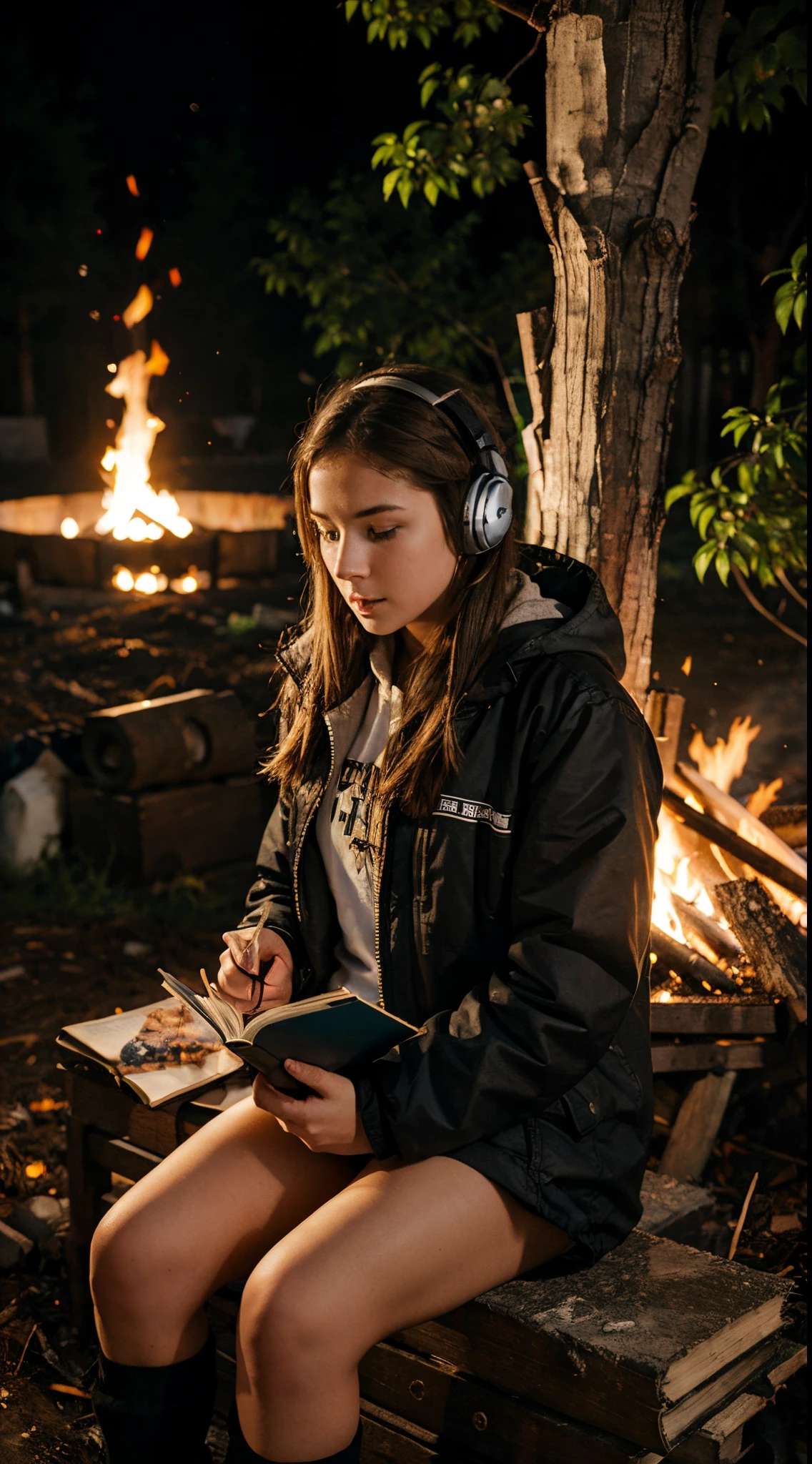 Girl near bonfire reading book with headphones
