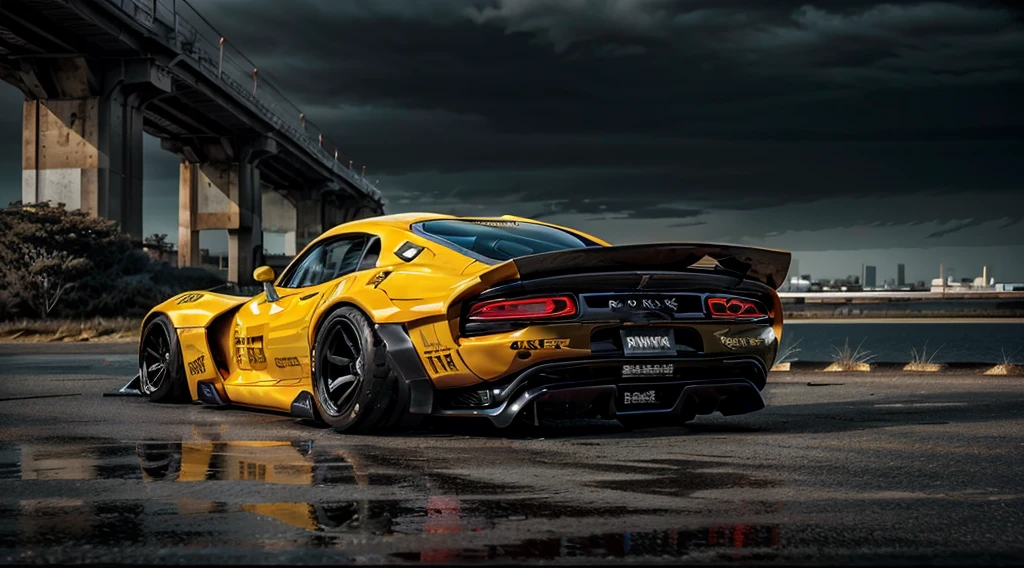 ((Dodge Viper GTS-R)), ((JonSibal design works Body Kit)), ((rear wing spoiler)), blacked out, front bumper splitters, side skirts, flared wheel arches, ((ominous looking)), (yellow racing alloy rims), ((lowered racing suspension)), high performance racing tyres, outdoors((gloomy sunset)) Wide angle lens, cgsociety, artstation, cgi, photorealistic, cinematic lighting, offset noise, ground shadows and reflections, 4k, inspired by dystopian cyberpunk, HDR studio light, {{supreme aerodynamics for maximum downforce}}, 3ds max, corona renderer, perfectly coloured, jaw dropping, sensational, menacing look, headlights on, ((parked on a bridge)), 4k wallpaper, ((dusk scene)), sunset, high spec automotive concept art, reflective ground shadows, symmetrical design, CGI, moody and atmospheric, trending on artstation, behance contest winner, cgsociety, imaginative design and craftmanship,