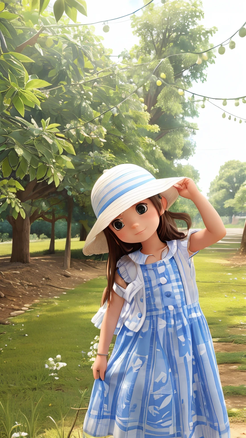 little girl wearing white & blue stripped dress with white bucket hat