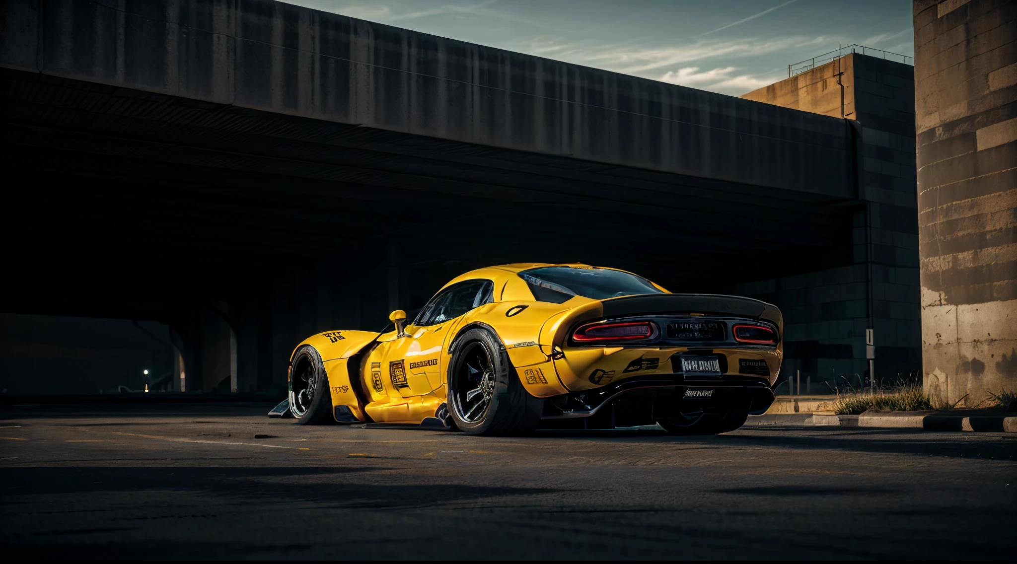 ((Dodge Viper GTS-R)), solo, ((JonSibal design works Body Kit)), ((rear wing spoiler)), blacked out, front bumper splitters, side skirts, flared wheel arches, ((ominous looking)), (yellow racing alloy rims), ((lowered racing suspension)), high performance racing tyres, outdoors((gloomy sunset)) Wide angle lens, cgsociety, artstation, cgi, photorealistic, cinematic lighting, offset noise, ground shadows and reflections, 4k, inspired by dystopian cyberpunk, HDR studio light, {{supreme aerodynamics for maximum downforce}}, 3ds max, corona renderer, perfectly coloured, jaw dropping, sensational, menacing look, headlights on, ((parked on a bridge)), 4k wallpaper, ((dusk scene)), sunset, high spec automotive concept art, reflective ground shadows, symmetrical design, CGI, moody and atmospheric, trending on artstation, behance contest winner, cgsociety, imaginative design and craftmanship, urban light night LUT, subsurface scattering, ray tracing, dramatic atmosphere