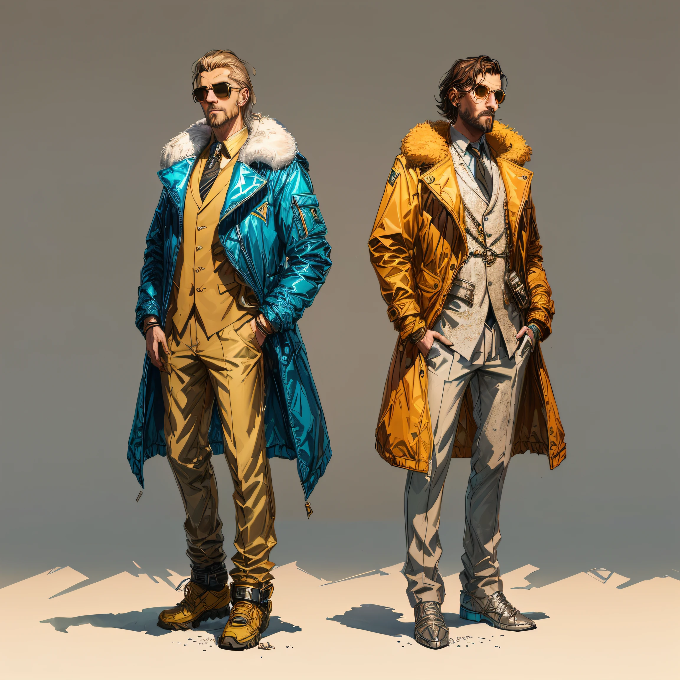 two men in jackets and pants standing next to each other, disco elysium style!!!, disco elysium character, disco elysium concept art, colored concept art, disco elysium artwork, disco elysium style, style of james gurney, style of marcin blaszczak, fashion concept art, disco elysium art, inspired by Marius Borgeaud