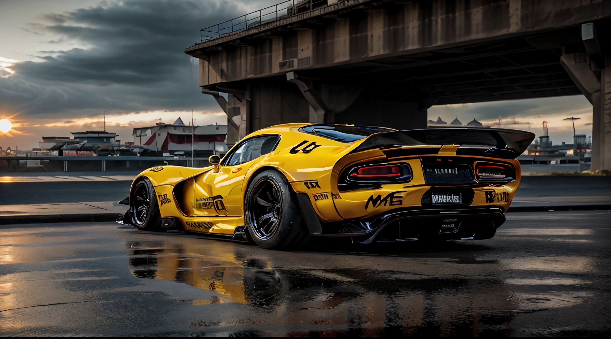 ((Dodge Viper GTS-R)), solo, ((JonSibal design works Body Kit)), blacked out, front bumper splitters, carbon fibre Universal Rear Wing Spoiler – GT Style, side skirts, flared wheel arches, ((ominous looking)), (yellow racing alloy rims), ((lowered racing suspension)), high performance racing tyres, outdoors((gloomy sunset)) Wide angle lens, cgsociety, artstation, cgi, photorealistic, cinematic lighting, offset noise, ground shadows and reflections, 4k, inspired by dystopian cyberpunk, HDR studio light, {{supreme aerodynamics for maximum downforce}}, 3ds max, corona renderer, perfectly coloured, jaw dropping, sensational, menacing look, headlights on, ((parked on a bridge)), 4k wallpaper, ((dusk scene)), sunset, high spec automotive concept art, reflective ground shadows, symmetrical design, CGI, moody and atmospheric, trending on artstation, behance contest winner, cgsociety, imaginative design and craftmanship, urban light night LUT, subsurface scattering, ray tracing, dramatic atmosphere, dystopian sunset