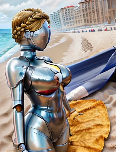 HQ 8K digital art, perfect HD quality, Best quality, yellow jacket, braided hair, silver skin, [[no face]], (anime), (illustration), cartoon, detailed, sexy, robot twins, (on beach:1.3), (lying on beachtowel:1.3), busty, huge breasts, wide hips, (soaked in oil:1.2), posing