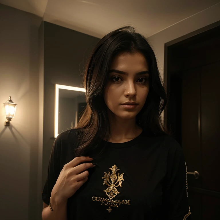 Um personagem preto,no quarto iluminado, de frente ao espelho com borda de ouro, com calcas preta, blusa branca. Com roupas fechadas